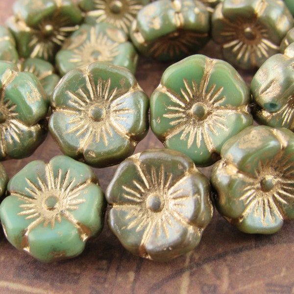 Green Czech Glass Flower Beads, Gold Wash Glass Flower Beads (6) - 1099/FLH