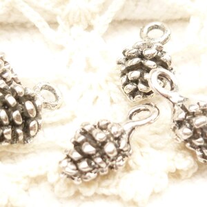 May include: Four silver-toned pine cone charms with a loop for hanging. The charms are detailed and realistic.
