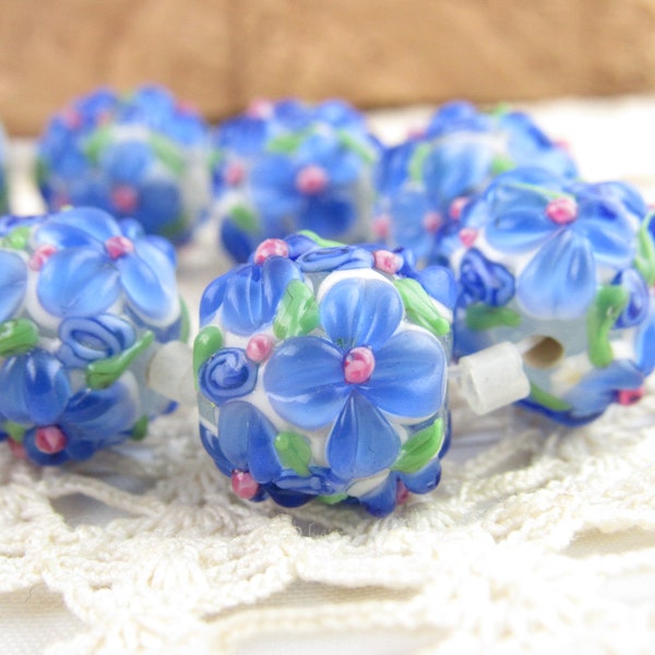 14mm Large Floral Lampwork Beads, Azure Blue Glass Flower Focal Beads (2)