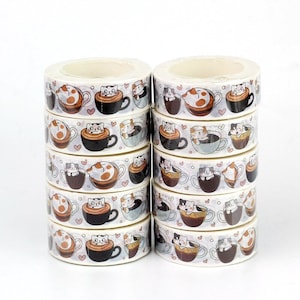 Cat Washi Tape, Coffee Cup Washi Tape, Cute Kitten Washi Tape, Full Roll - CWWTS-19