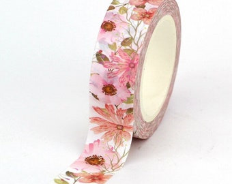 Pink Floral Washi Tape, Pink Flower Washi Tape, Full Roll - CWWTS-18