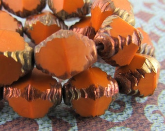 10x8 Orange Carved Bicone Czech Glass Beads, Pumpkin Orange with Gold Accents Oval Beads  (5 or 10 beads) - 1760/BIF