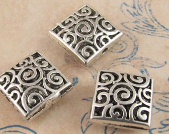 15mm Silver Tone Spiral Spacer Bead, Puffed Square Filigree Bead, Swirl Bead (4) - SF24