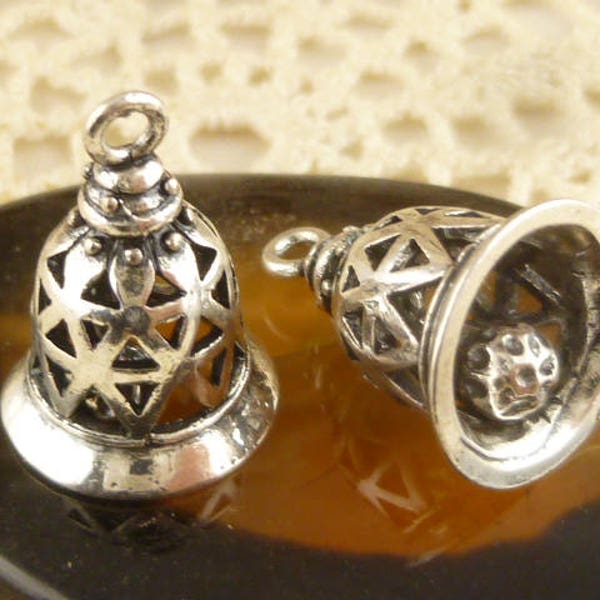 3D Bell Charms, Antiqued Silver (2) - S11