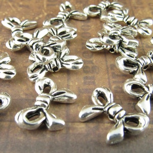 Metal Bow Spacer Bead, Tibetan Ribbon Spacer Beads, Antiqued Silver Bow Charm (10) - SF37