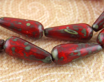 15x6 Ruby Red Glass Beads, Red Drop Picasso Beads,  Czech Glass Teardrop Bead (10) - 1441/DAN