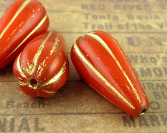 22x11 Red Teardrop Glass Bead, Melon Drop Czech Pressed Glass Bead, Gold Luster Dangle Bead - MLD22/128