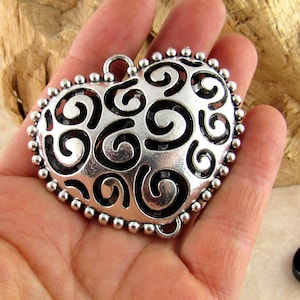 58x51mm Extra Large Puffed Swirl Heart Charm Pendant, Two Sided, 3D Connector