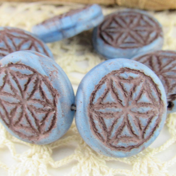 19mm Flower of Life Bead, Sacred Geometry Focal, Czech Glass Circle of Life, Cornflower Blue with a Brown Wash (2) - 1499/MAN