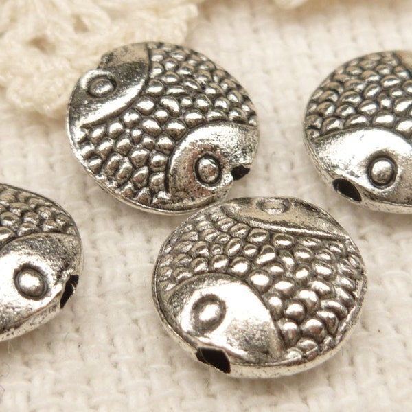 10mm Flat Round Two Sided Fish Spacer Bead, Fish Metal Bead, Fish Charm (8) -  S169