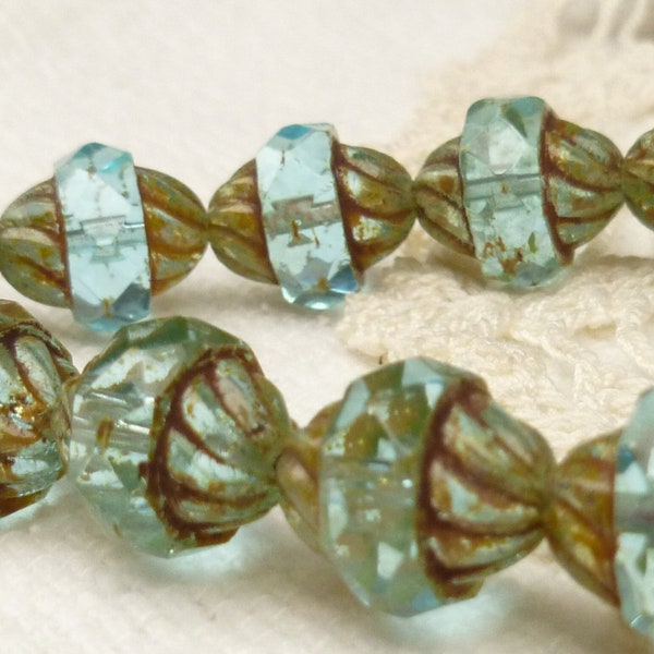 11x10 Transparent Aqua Faceted Turbine Czech Glass Beads, Picasso Finish 7 or 15 beads - 0021/TUR
