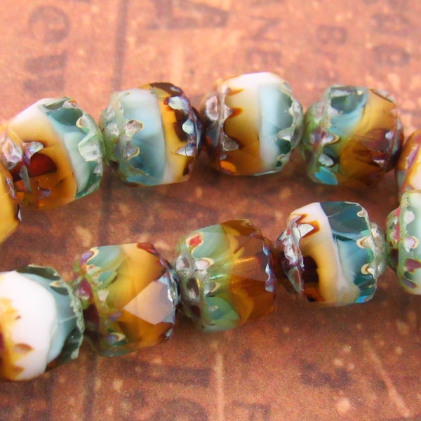 6mm Cathedral Sky Blue Czech Glass Bead, Amber and White with Picasso Finish Glass Beads (20)