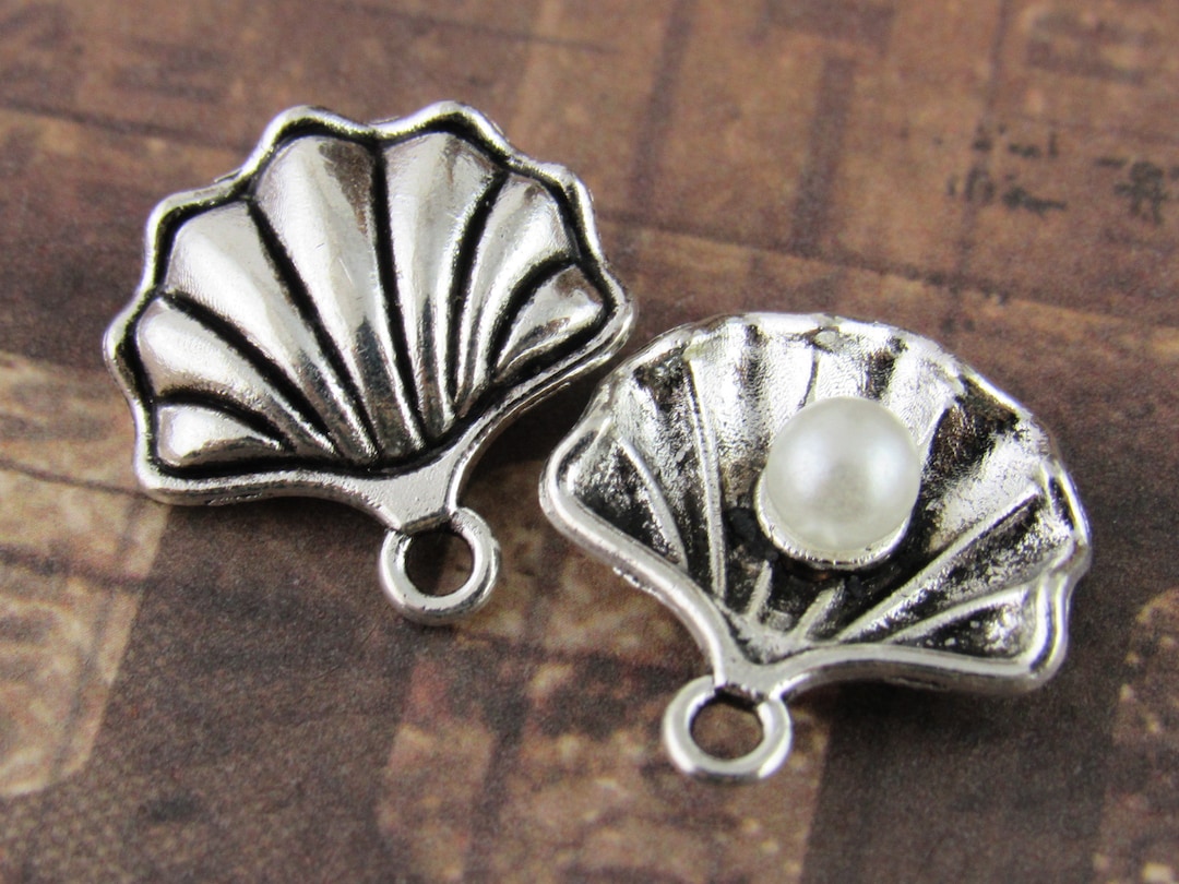 Ice Shell Charm Pearl in Clam Shell Charm, Antiqued Silver Fan Shell Charm (4) - S23 - Etsy