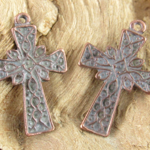 Copper Cross Charm, Rustic Ornate Medieval Crucifix, Greek Mykonos Casting (4) - M38 - X0490