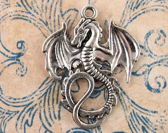 30mm Antiqued Silver Dragon Pendant, Serpent Charm (2) - S41