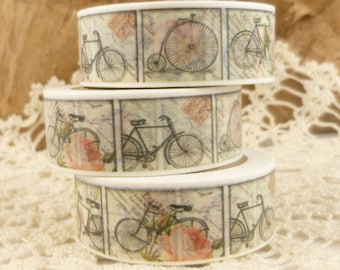 Bicycle Washi Tape,  Vintage Print Washi Tape, Pink Roses Washi Tape, Full Roll - PP839