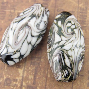 29mm Black and White Mottled Swirl Lampwork Beads, Metallic Bronze/Gold Sprinkles (2)