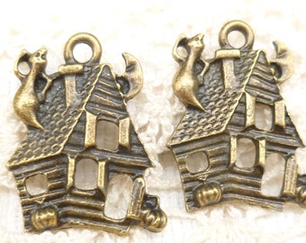 Halloween Haunted House Charms Pendants, Antique Bronze (4) - CH16