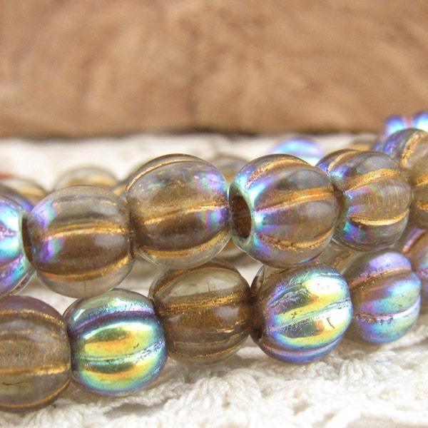 Large Hole Czech Glass Bead, AB Metallic Neutral Colors Melon Round Bead (10 or 20 Beads) - BH8/065