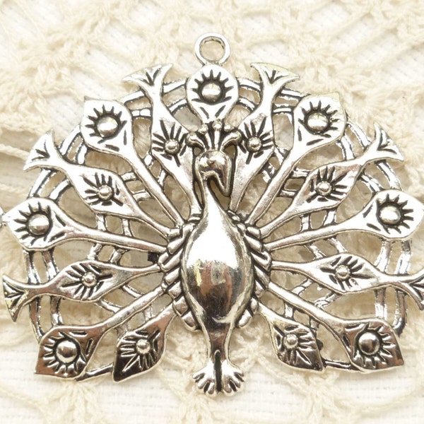 Large Peacock Connector Pendant, Antique Silver (1)