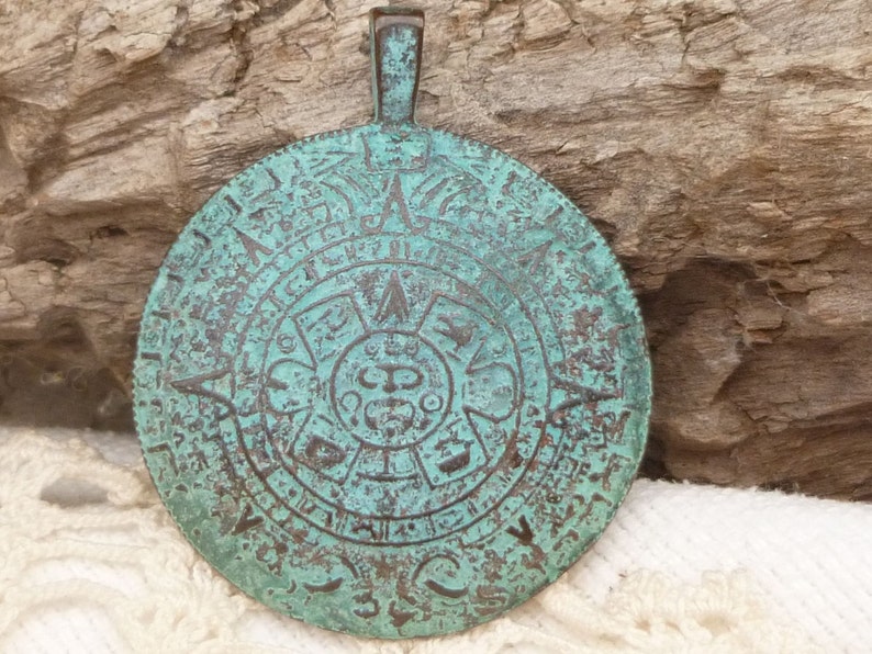 1 - M64 x5841 Rustic Blue Patina Mayan Calendar Pendant Mykonos Casting Pendant