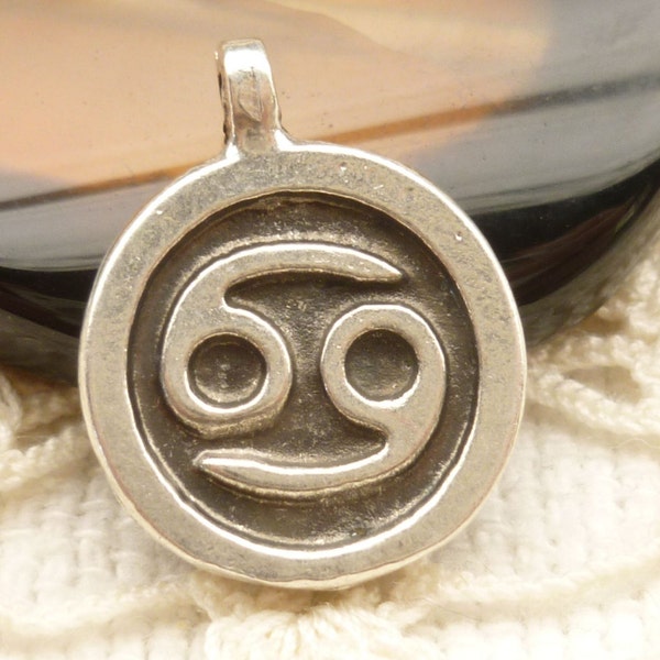 Pewter Cancer Zodiac Symbol Casting Pendant Charm, Silver Mykonos Casting Beads (2)