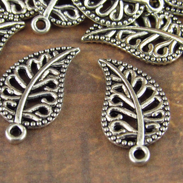 Leaf Charms Antiqued Silver Filigree Swirl (10) - S38