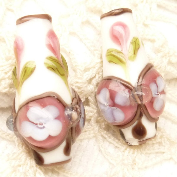 Exotic White and Pink Floral Vase Bottle Lampwork Glass Beads (2)