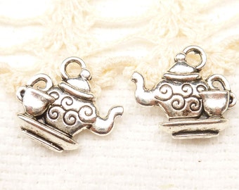 Two-Sided Swirly Teapot and Teacup Charms, Tibetan Silver (6) - S128