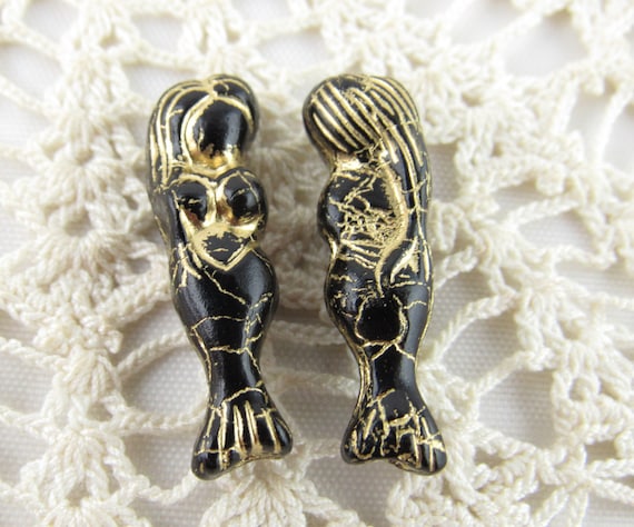 Glass Mermaid Beads, Black and Gold Czech Glass Mermaid Beads 0897/MER 2 or  6 