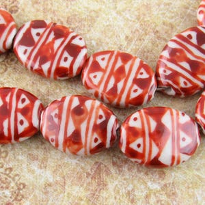20mm Red Tribal Beads, Hand Painted Oval Porcelain Beads, OOAK Red Beads (4)