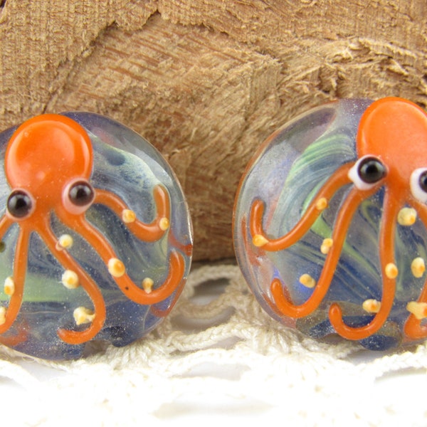 Orange and Blue Ocean Octopus Lampwork Beads (2)