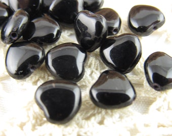 8mm Jet Black Heart Glass Beads,  Czech Heart Spacer Beads (30) - BM2