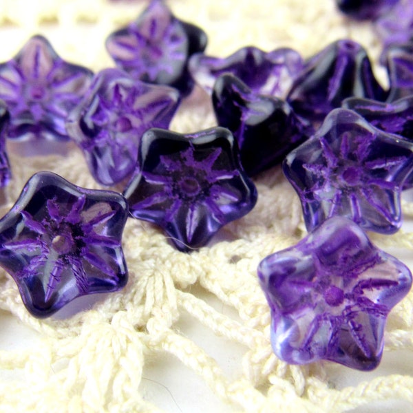 Purple Glass Bell Flower Beads, Violet Five Petaled Bell Flower Czech Glass Beads,  12 or 25 beads 0841/FLO