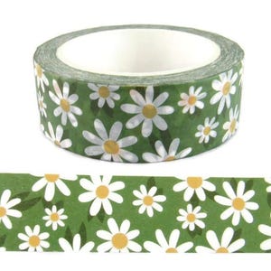 White Daisy Flower Washi Tape, Green Washi Tape, Full Roll - CWWTS-12