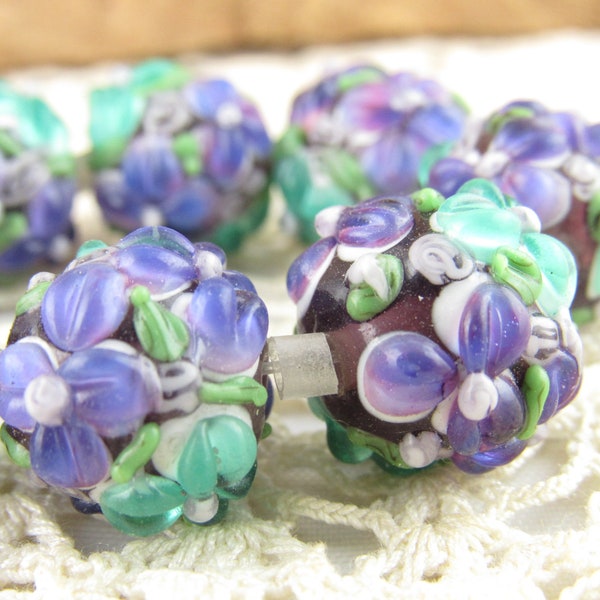 14mm Large Floral Lampwork Beads, Purple and Teal Glass Flower Focal Beads (2)