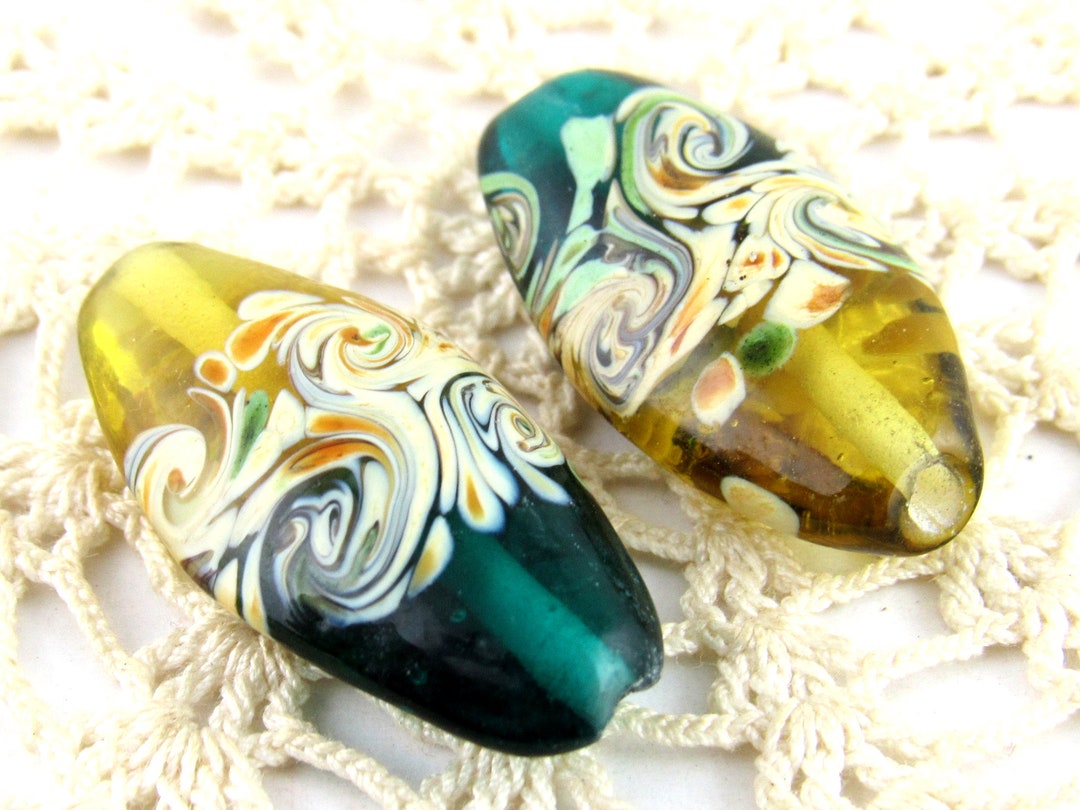 View of 30mm Teal Wavy Swirl Lampwork Beads, Ocean Waves Lentil Glass Beads (2 ...