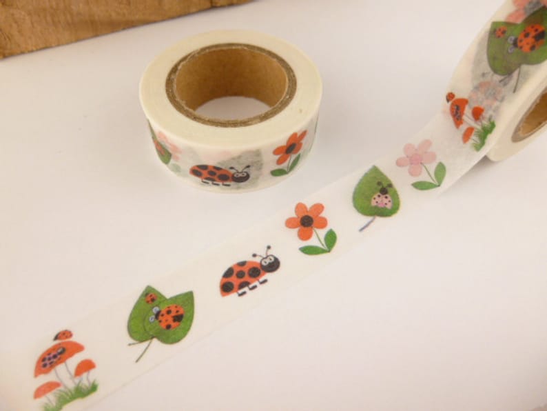 Washi Tape Ladybug Flowers Washi Ta e, Mushrooms, Nature Washi Tape, 36 Sample Washi Tape or Full Roll - L1679