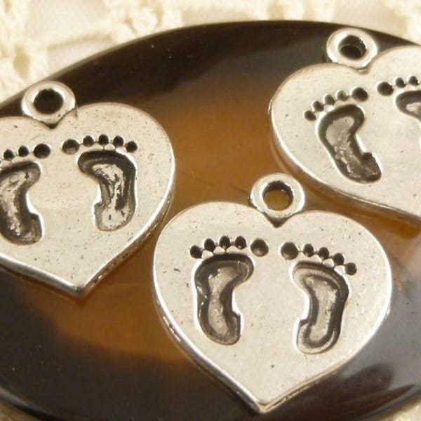 Footprint Baby Heart Charms, Antique Silver (8) - S46