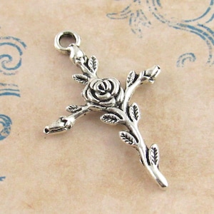 Rose Flowers and Leaves Crucifix Cross Charms, Antique Silver (8) - S72