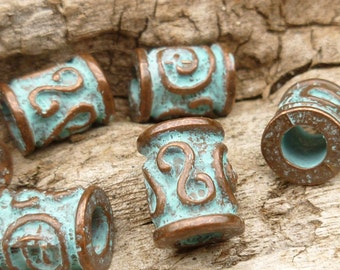 10mm Patina Swirl Tube Bead, Rustic, Ornate Antique Patina Large Hole Beads, Mykonos Casting Beads (3) - M25 - X0059