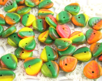 9mm Czech Glass Heart Drop Beads, Fall Color Leaf Beads, Orange Leaf Beads, Green Leaf Beads