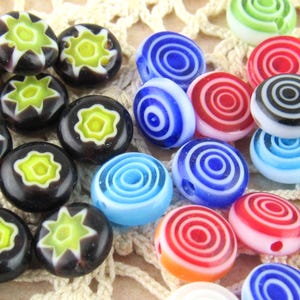 8mm Flower Millefiori Glass Beads, Black and Yellow Star Glass Beads, Circler Millefiori Glass Beads (22 - 25 Beads)