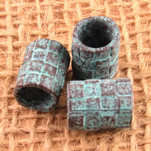 13x10mm Rustic Patina Checkered Barrel Bead, Large Hole Tube Drum, Mykonos Casting Beads (2) - M104