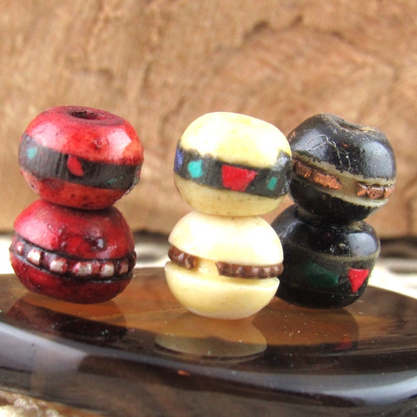 Rustic, Handmade Tibetan Yak Bone Inlay Beads (4)