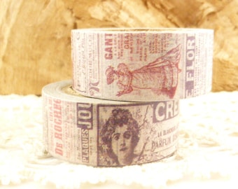 Puede incluir: Dos rollos de cinta washi de estilo vintage con diseños florales y de texto. El rollo superior presenta a una mujer con un vestido con el texto "GANT" y "FLOR" visible. El rollo inferior presenta un retrato de una persona con el texto "PLAQUES JOL" y "CREME PARFUM DE ROCHE" visible.