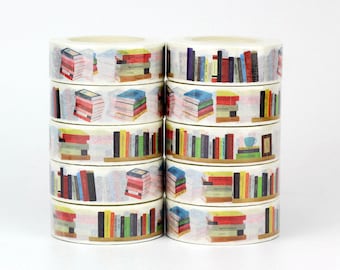 May include: A stack of eight rolls of washi tape with a book and bookshelf design. The tape features a variety of colourful books and a bookshelf with a cup of tea and a book on top.