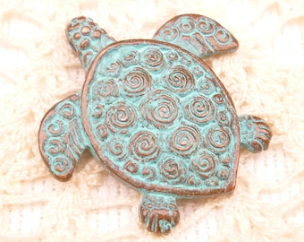 Rustic Patina Two Sided Turtle Casting Pendant Charm, Mykonos Casting Beads - M28