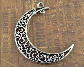 Crescent Moon Connector, Ornate Filigree Moon Charm, Antique Silver (4) - S52
