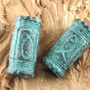 29x14mm Ichthys Barrel Bead, Large Hole Tube Drum, Mykonos Casting Beads (1) - M104